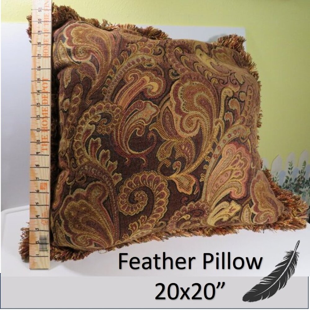 Large Tapestry FEATHER Pillow 20" x 20" with fringe Paisley Chenille Jacquard